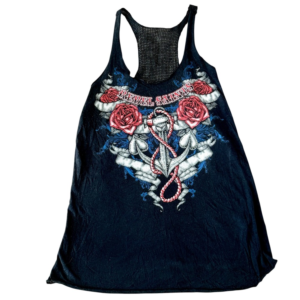 Rebel Saints Womens Black Graphic Tank Top Rhinestone Roses Anchor Mesh Back‎ M